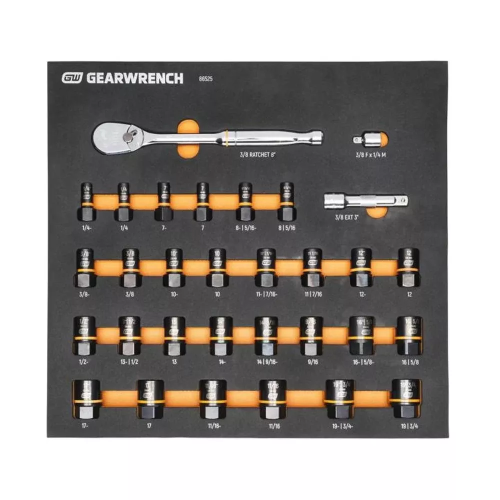Gearwrench 31 Piece 3/8" Drive 90T Ratchet & Bolt Biter Socket Set w/ Foam Storage Tray 86525