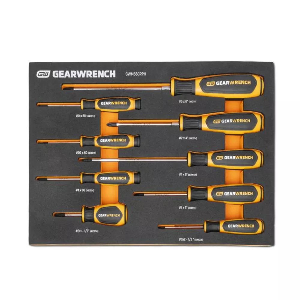 Gearwrench 9 Piece Phillips Dual Material Screwdriver Set w/ Foam Storage Tray GWMSSCRPH