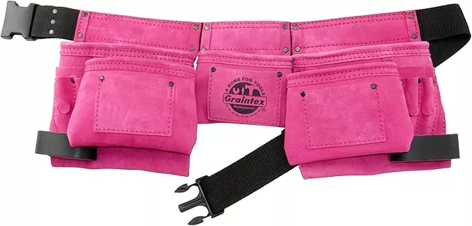 Graintex DS2118 11 Pocket Pink Color Suede Leather Tool Belt/Tool Bag/Work Apron, 2 Hammer Loops, Adjustable Belt | Construction, Carpenter, Roofing, Drywall, Electrician, Gardening, DIY
