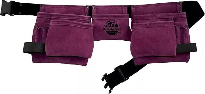 Graintex DS2134 11 Pocket Purple Color Suede Leather Tool Belt/Tool Bag/Work Apron, 2 Hammer Loops, Adjustable Belt | Construction, Carpenter, Roofing, Drywall, Electrician, Gardening, DIY