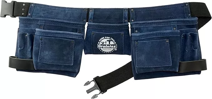 Graintex DS2346 11 Pocket Navy Blue Color Suede Leather Tool Belt/Tool Bag/Work Apron, 2 Hammer Loop, Adjustable Belt | Construction, Carpenter, Roofing Tools, Drywall Tools, Gardening