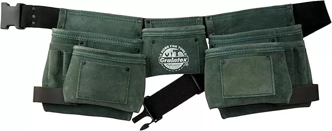 Graintex DS2388 11 Pocket Hunter Green Color Suede Leather Tool Belt/Tool Bag/Apron, 2 Hammer Loops, Adjustable Belt | Construction, Carpenter, Roofing Tools, Drywall, Gardening