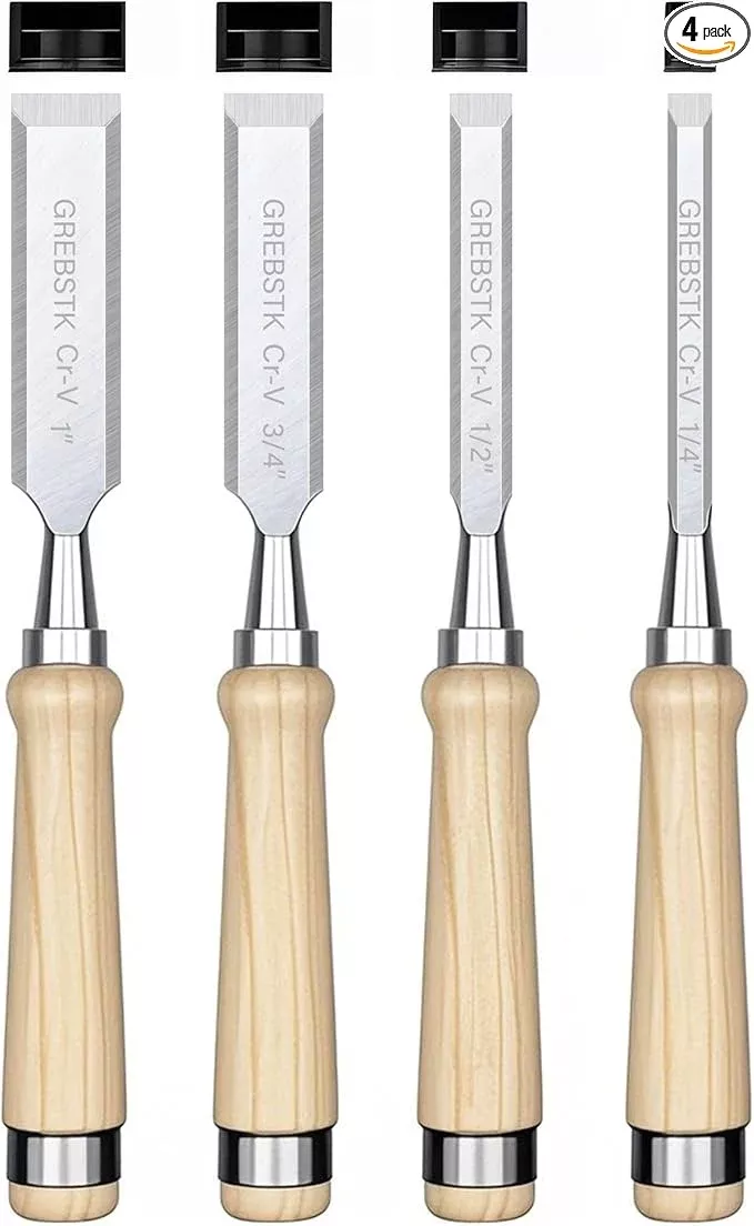 GREBSTK 4 Pcs Wood Chisel Set, CRV Steel Bevel Sharp Edge Bench Chisels with Safety Caps, Comfortable Oversized Solid Wood Handle, for Woodworking and DIY Projects, 11"x(1/4", 1/2", 3/4", 1")