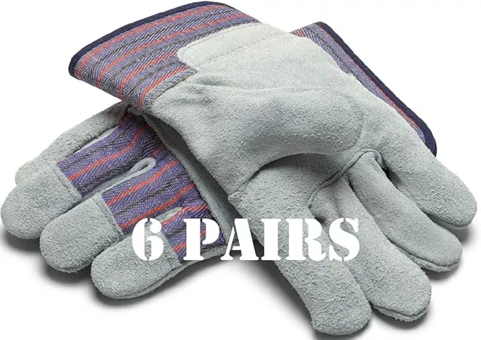 Greendale (3, 6 or 12 Pack - Leather & Cotton Work Gloves: Garage, Yard, Garden, Industrial, Commercial - One Size Fits Most