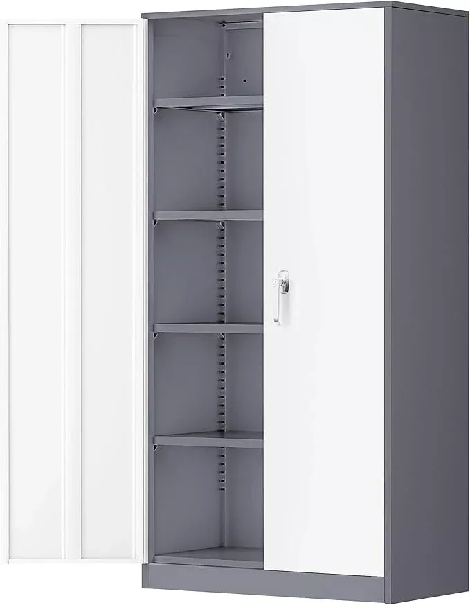 Greenvelly Metal Storage Cabinet with 2 Doors and 4 Adjustable Shelves, Lockable Steel Tool Cabinet for Home, Office, Garage, Classroom (Grey White)