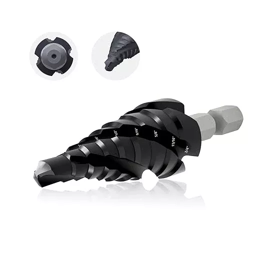 GSTK Pro Max 1/4" - 3/4" Four Spiral Flute Cobalt Step Drill Bit, Impact Ready, for Metal, Stainless Steel, Aluminum, Wood, Plastic with 1/4" Hex Shank