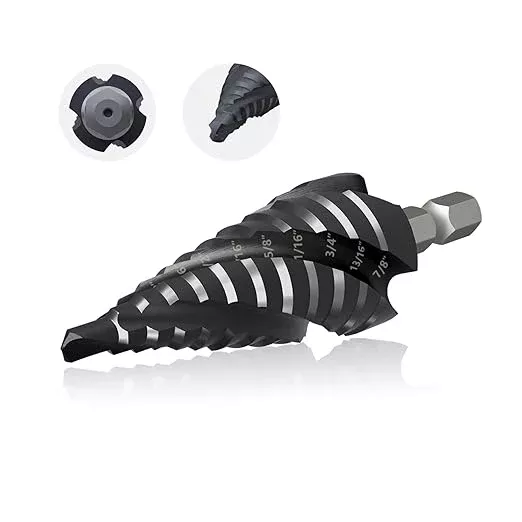 GSTK Pro Max 3/16"-7/8" Four Spiral Flute Cobalt Step Drill Bit Set, Impact Ready, for Metal, Stainless Steel, Aluminum, Wood, Plastic with 1/4" Hex Shank