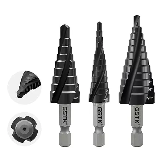 GSTK Pro Max 3PCS Four Spiral Flute Cobalt Unibit Step Drill bit, Impact Ready, for Metal, Stainless Steel, Aluminum, Wood, Plastic with 1/4" Hex Shank