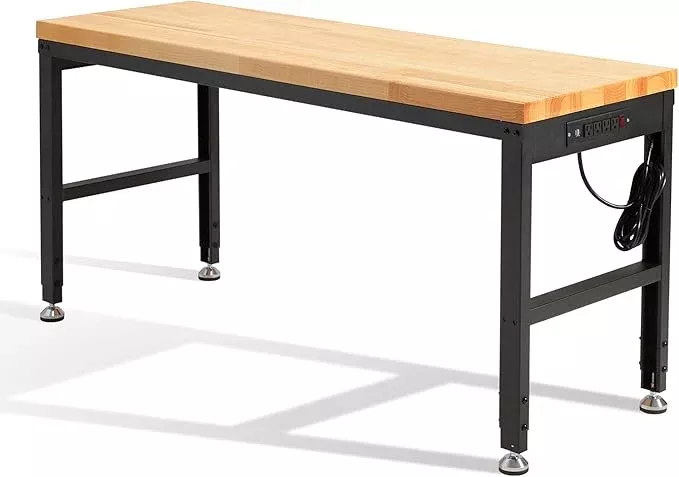 HABUTWAY Height Adjustable Workbench, 60"x20" 2000 Lbs Capacity Solid Wood Work Station Heavy-Duty, with Power Outlets, for Garage Party Shop Office