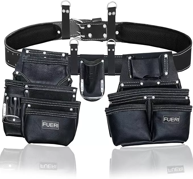 Heavy Duty 19 Pocket Leather Tool Belt Multipurpose Pockets Work Organizer Pouch Framing Fat Lip Tool Holder for Carpenter, Construction, Handyman, and Electrician Tool Belt Set