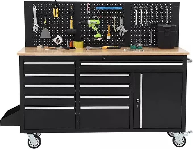 Heavy Duty 61" Tool Chest Cabinet, Mobile Garage Workbench with 10 Drawers and Power Strip, Rubber Wood Worktop, 1675 LBS Load, Rolling Tool Storage Organizer for Mechanic, Shop or Home Use