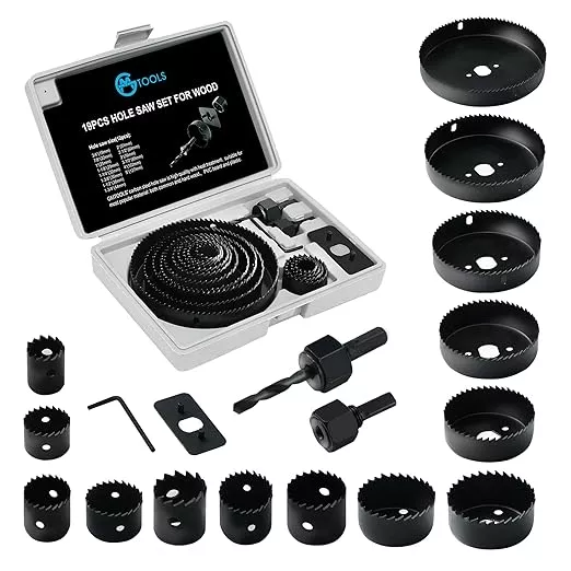 Hole Saw Set, 19Pcs Hole Saw Kit with General Purpose 3/4" to 5"(19-127mm) Saw Blades, Mandrels, Drill Bits, Installation Plate, Hex Key with Storage Case, Idear for Wood, Plywood, PVC Board