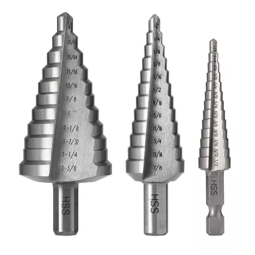 HSS 1/2", 7/8" & 1-3/8" Step Drill Bit Set, Doubles Flutes Large Step Bits for Hole Drilling in Iron, Copper, Aluminum, Wood, Plastic