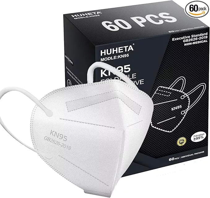 HUHETA KN95 Face Mask 60 Pack, 5-Ply Breathable & Comfortable Safety Mask, Filter Efficiency>=95%, Protective Cup Dust Masks Against PM2.5 - Individually Wrapped (White Mask)