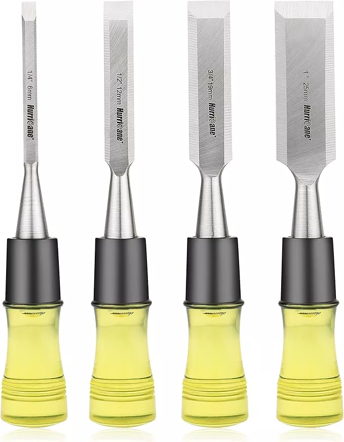 HURRICANE 4 Piece Wood Chisel Set for Woodworking. CR-V Steel Beveled Edge Blades with Safety Caps. Durable PVC High Impact Handle, for Precision Carving & DIY Projects (1/4", 1/2", 3/4", 1")