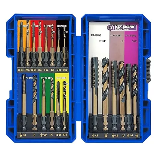 JEFE HEX Drill and Tap Set 20pc - Hex Shank Drill Bits & Thread Taps for Metal | MRO & Industrial Use | Quick-Change Combination tap 6-32UNC to 1/2"-13UNC | Impact Driver