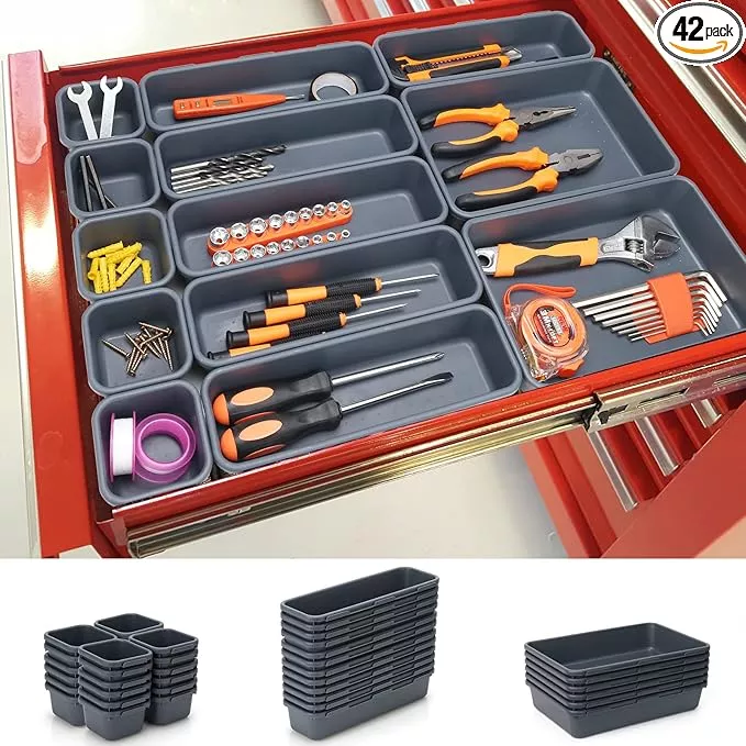 KeFanta 42 Pack Tool Box Organizer Tool Tray Dividers, Rolling Tool Chest Cart Cabinet Workbench Desk Drawer Organization and Storage for Hardware, Parts, Screws, Nuts, Small Tools Organization(Blue)
