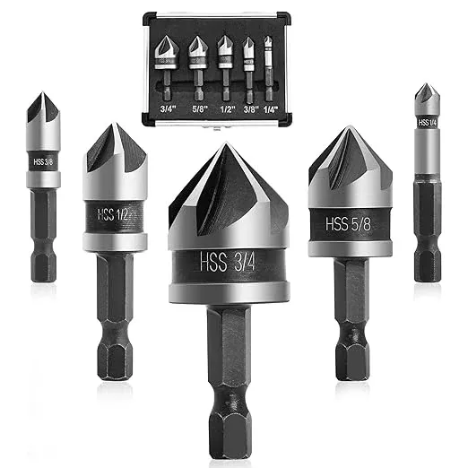KENDO 5PCS Countersink Drill Bit Set, High Speed Steel Countersink Bits, 82 Degree 5 Flute Pieces, 1/4 Inch Hex Shank, Fit for Sink Holes into Metals, Wood, Plywood, Plastic with Aluminum Case