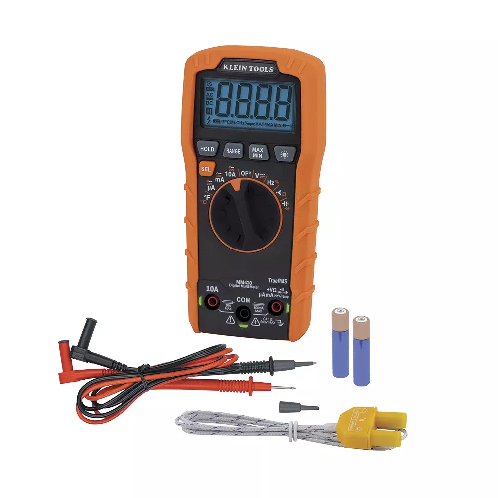 Klein Digital Multimeter, TRMS Auto-Ranging, 600V, Temp MM420