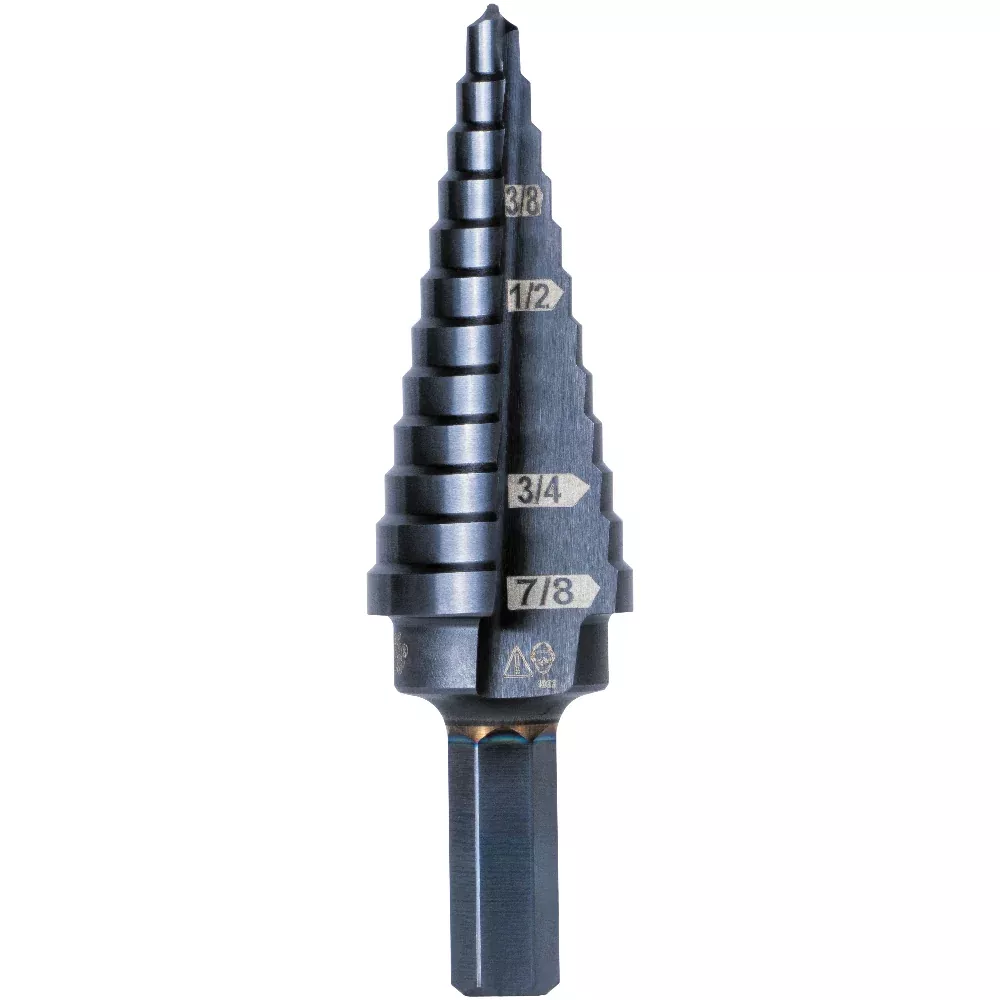 Klein Tools 12-Step Drill Bit, 3/8-Inch Hex, Double Straight Flute, 3/16-Inch to 7/8-Inch