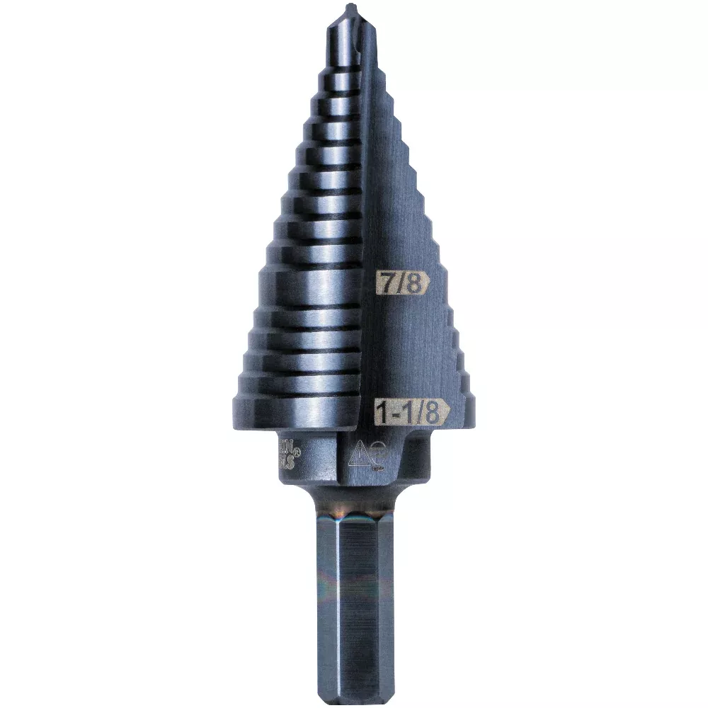Klein Tools 2-Step Drill Bit, 3/8-Inch Hex, Double Straight Flute, 7/8-Inch to 1-1/8-Inch