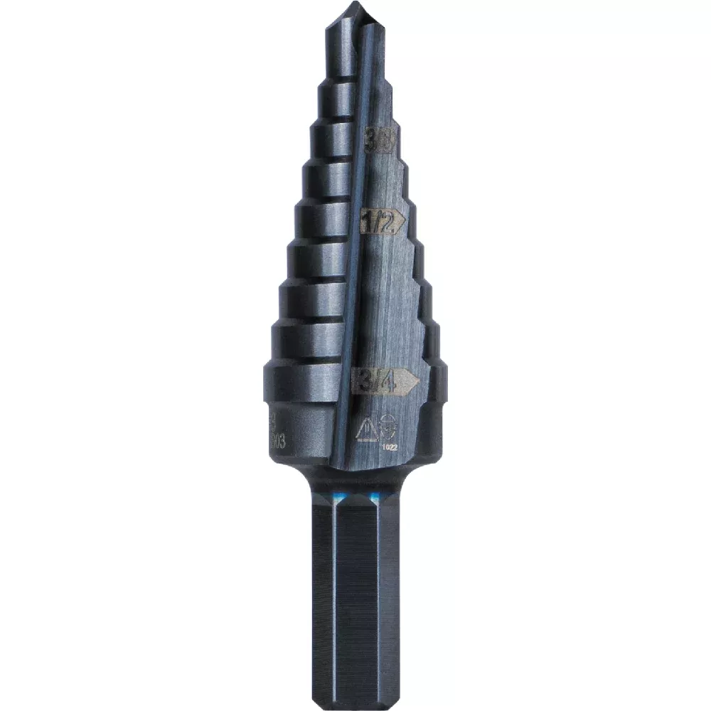 Klein Tools 9-Step Drill Bit, 3/8-Inch Hex, Double Straight Flute, 1/4-Inch to 3/4-Inch