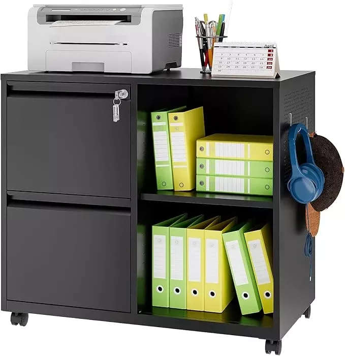 Lateral 2 Drawer Filing Cabinet with Lock, Mobile File Cabinet on Wheels, Printer Stand with Storage for Legal/Letter/A4 File Folders (Blcak)