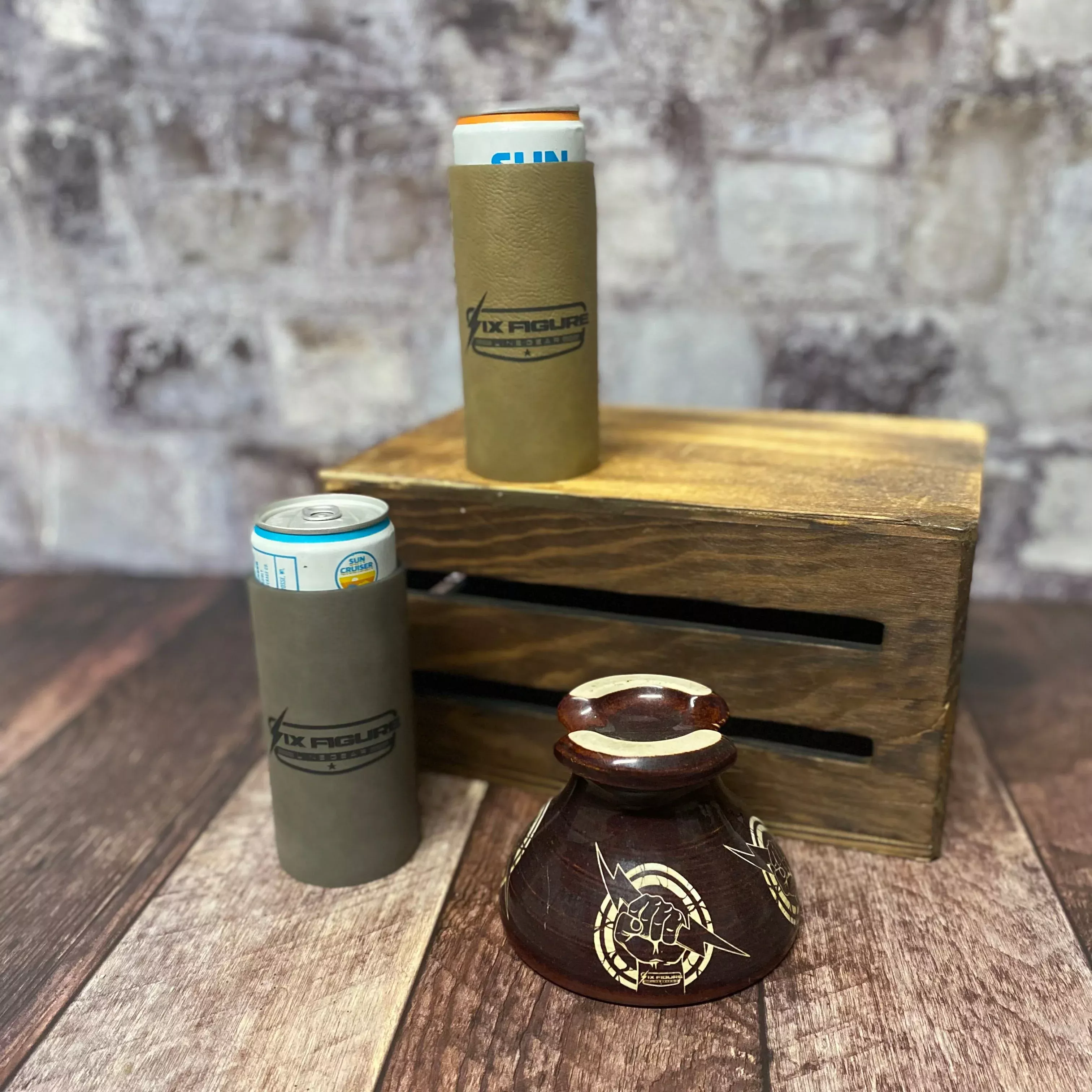 Leather Six Figure Line Gear Slim Sleeve Koozie