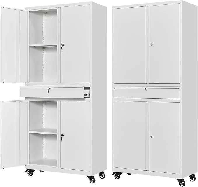 Letaya Metal Garage Storage Cabinet with Wheels,72” Rolling Tool Cabinet with 4 Door Lock-Adjustable Shelves and Drawer for Garage Home Office Utility Room (Black&Gray with Wheels)