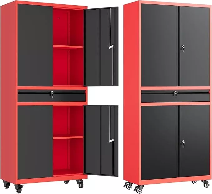 Letaya Metal Garage Storage Cabinet with Wheels,Rolling Tool Cabinet with Adjustable Shelves and Drawer for Garage Home Utility Room (Red)