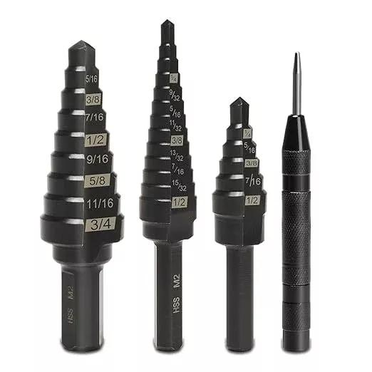 Lichamp Step Drill Bit Set for Metal Sheet Heavy Duty, 4-Piece Genuine M2 HSS Step Up Down Drill Bits Stepper Unibit for Steel Hole, 28 Sizes from 1/8 to 1/2 inches