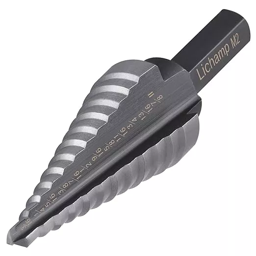 Lichamp Unibit Step Drill Bit for Metal, Genuine M2 Drill Stepper Bit for Hard Metal Heavy Duty, 19 Sizes from 3/16" to 1-3/8", Spiral Grooved with Hex Drive, C1BK