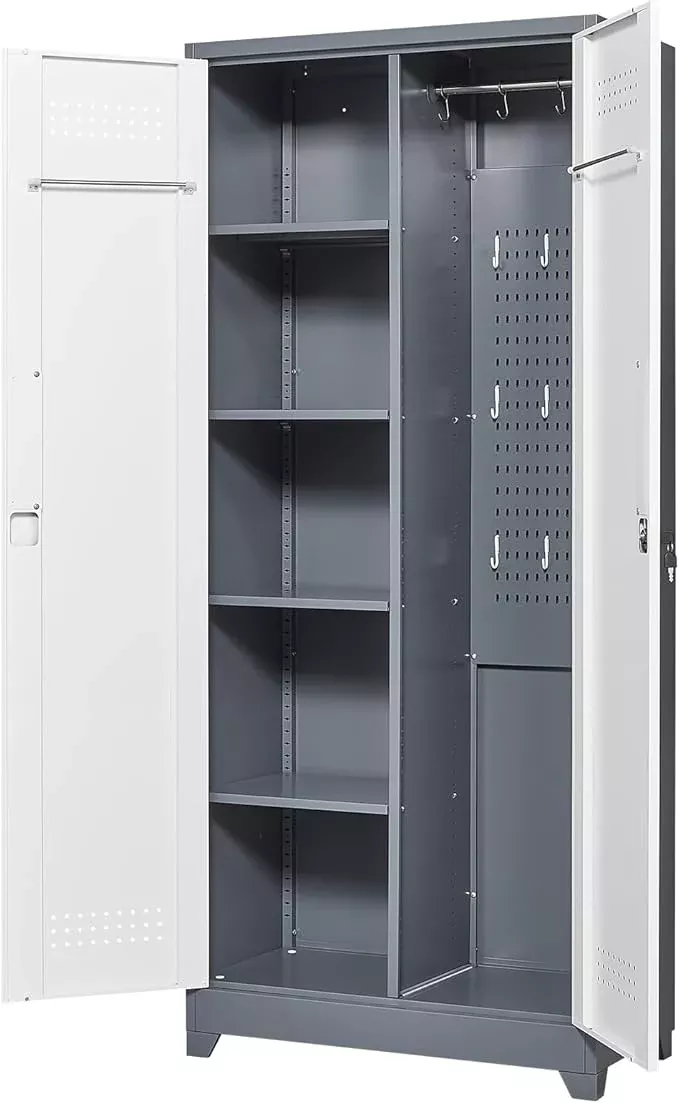 Locking Cabinet,Metal Storage Cabinet with Doors and Shelves,Broom Closet Storage Cabinets for Bedroom,Home Office,Grey-White