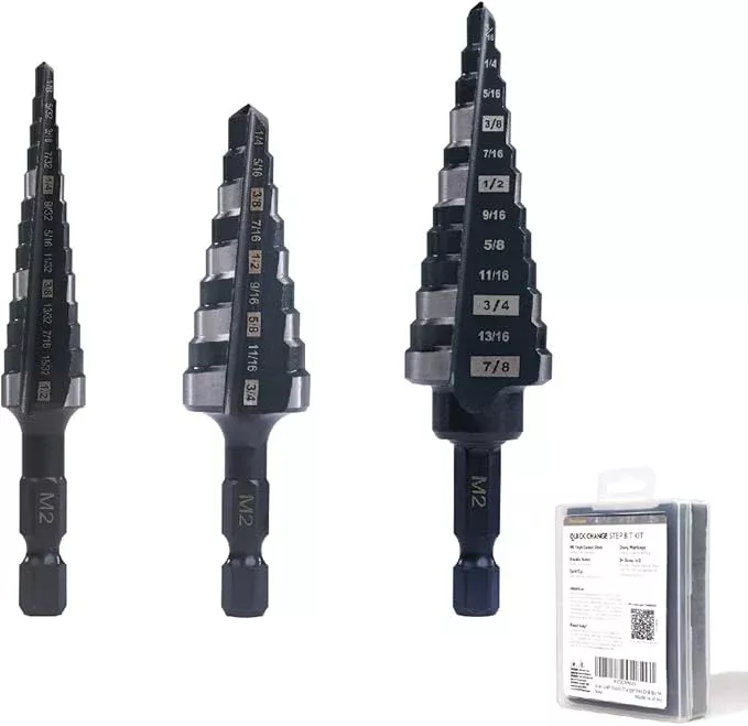 M2 HSS Quick Change 1/2", 3/4" & 7/8" Step Drill Bit Set Double Fluted Drill Bits for Hole Drilling in Stainless Steel, Copper, Aluminum, Wood, Plastic