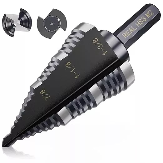 M2 Step Drill Bit, 3/16 to 1-3/8 in, Double Fluted, Cutting Drill Bit for Stainless Steel, Metal, Aluminum, Copper, Wood, PVC