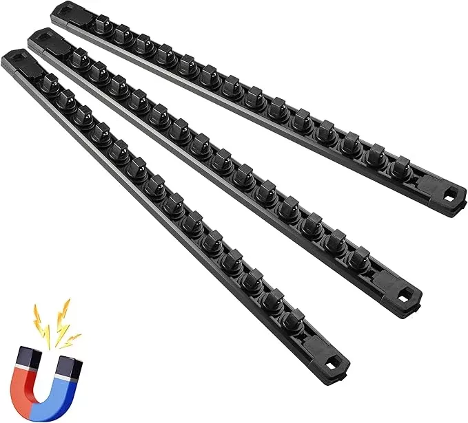 Magnetic Socket Organizer, 3-Piece Heavty Duty Aluminum Socket Holder, Socket Rail for Tool Box, Premium Quality 360° Swivel Socket Rack with 36 Clips for 1/2-Inch(Black)