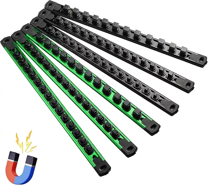 Magnetic Socket Organizer, 6-Piece Heavty Duty Aluminum Socket Holder, Socket Rail for Tool Box, Premium Quality 360° Swivel Socket Rack Kit with 80 Clips for 1/2, 3/8, 1/4-Inch(Black&Orange)