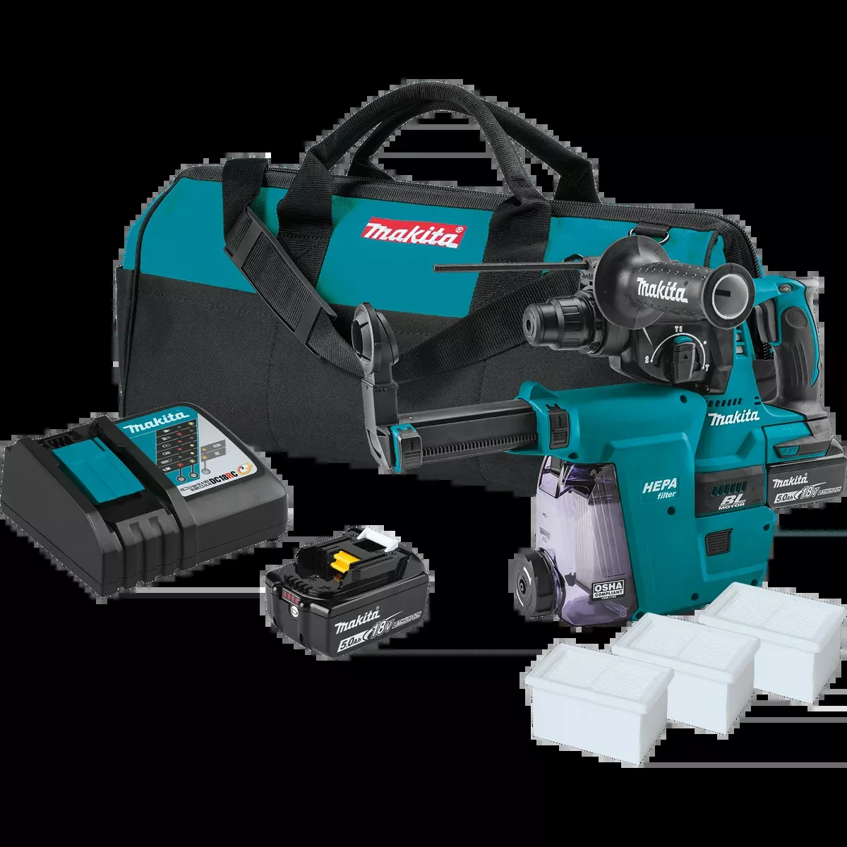 MAKITA 18V LXT 1" SDS‑PLUS Rotary Hammer w/ HEPA Dust Extractor Attachment Kit