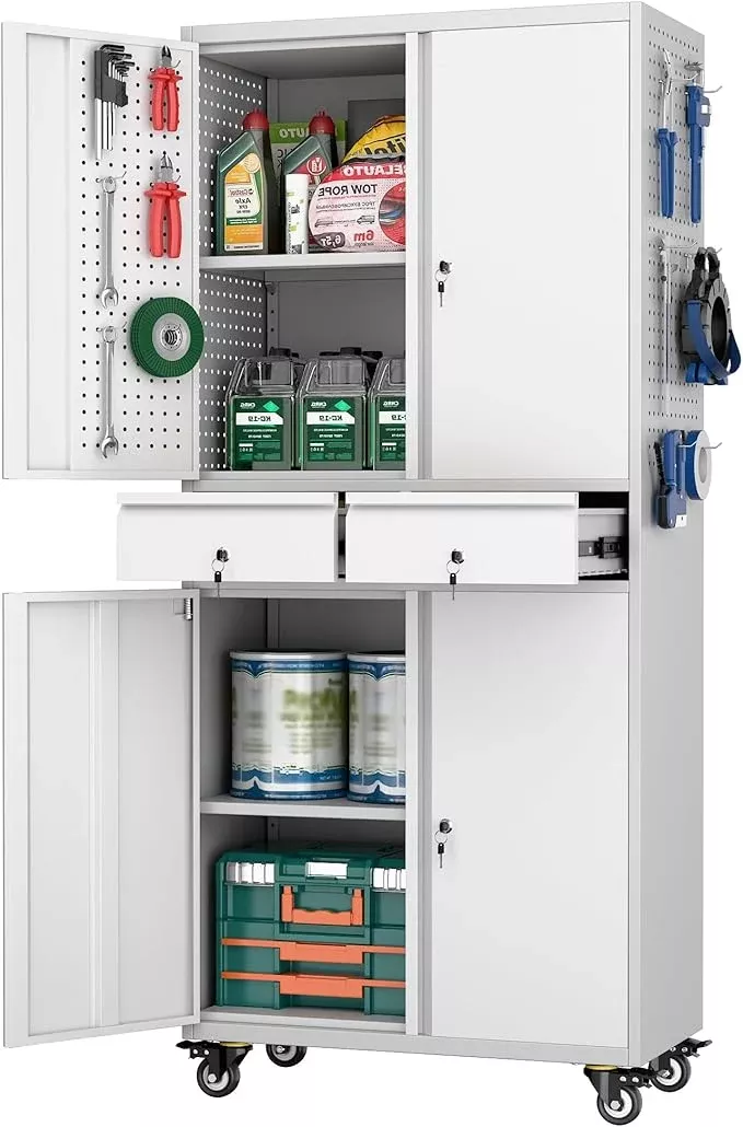 Metal Garage Storage Cabinet with Locking Doors and 2 Adjustable Shelves, Rolling Tool Storage Cabinet with 4 Wheels and 2 Drawer for Garage, Warehouse, White and Gray, Assembly Required