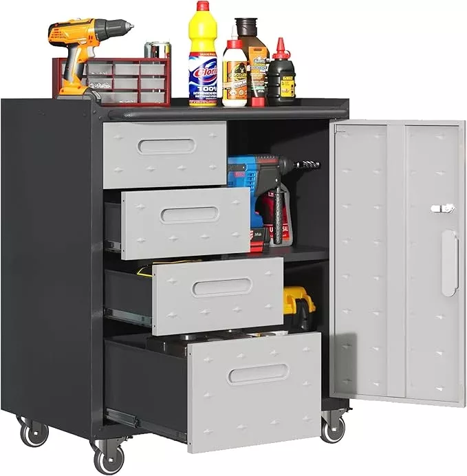 Metal Mobile Tool Storage Cabinet with Wheels,Heavy Duty Rolling Tool Cabinets for Garage,Metal Storage Cabinets with 4 Drawer and 1 Locking Doors,Assembly Required