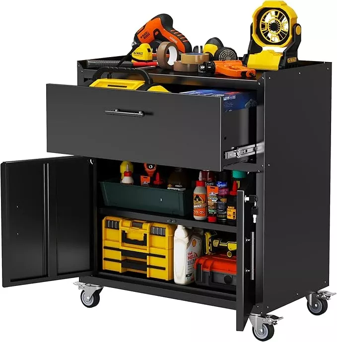 Metal Storage Cabinet, Locking Storage Cabinet with Drawer and Adjustable Shelf, Rolling Tool Cabinets for Garage, Office, Black, Assembly Required (18.4" D x 30.3" W x 35.39" H)