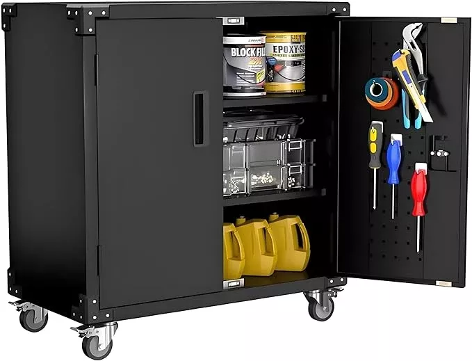 Metal Storage Cabinet, Rolling Tool Cabinet with 2 Adjustable Shelves and Locks & 4 Wheels, Heavy Duty & Rust Resistant Tool Cart, Storage Cabinet for Garage,Warehouse,Office,Black