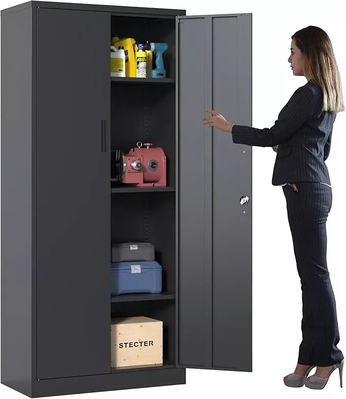 Metal Storage Cabinet with Adjustable Shelves, Garage Tool Cabinet with 2 Lockable Doors for Office, Home, Garage, Require Assembly, White