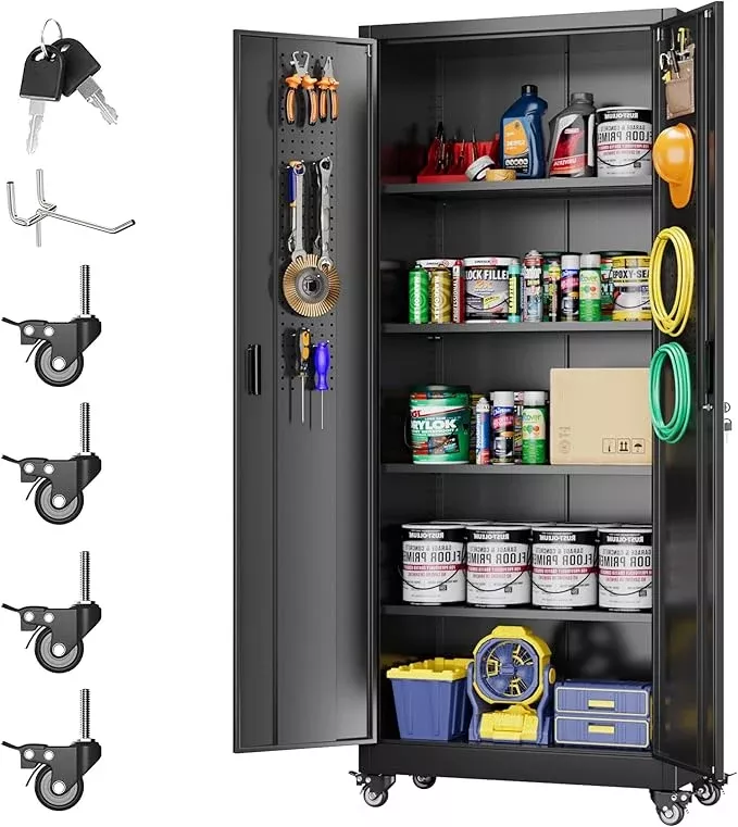 Metal Storage Cabinet with Wheels, Pegboard and 4 Hooks, 73" H Garage Storage Cabinet with 4 Adjustable Shelves and 2 Lockable Doors for Garage Home Office Warehouse, Black, Assembly Required
