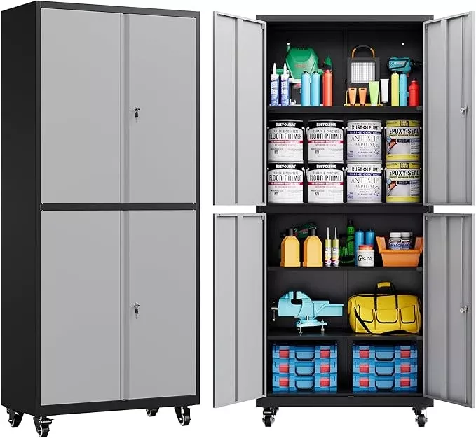 Metal Storage Cabinet with Wheels,Rolling Garage Storage Cabinet with Lock,Gray Lockable Metal Cabinets with Shelves,Tall Tool Cabinets on Wheels for Garage,Home,Office,Shop