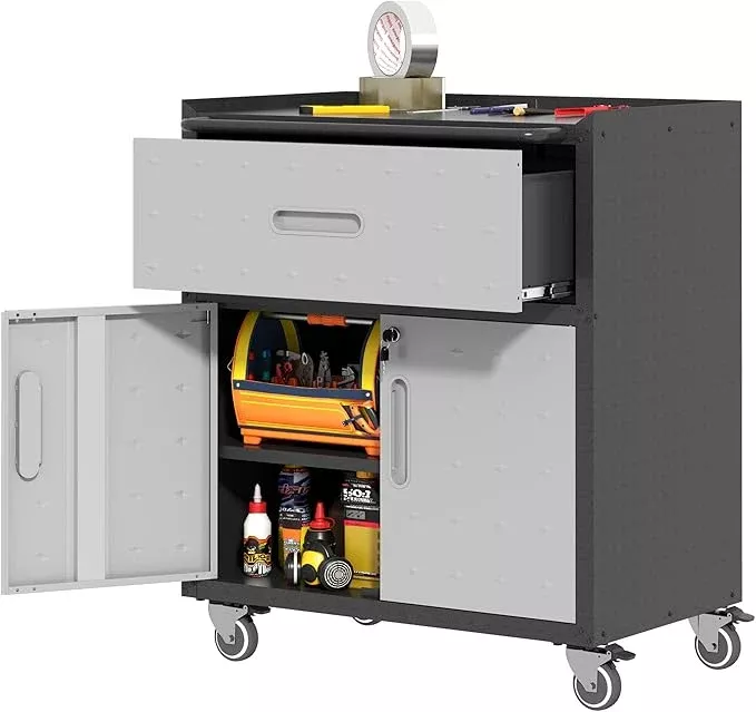 Metal Storage Cabinet with Wheels, Rolling Tool Cabinet with Adjustable Shelve, Locking Garage Storage Cabinet with 1 Drawer and 2 Doors for Tools, Assembly Required (Black/Grey)