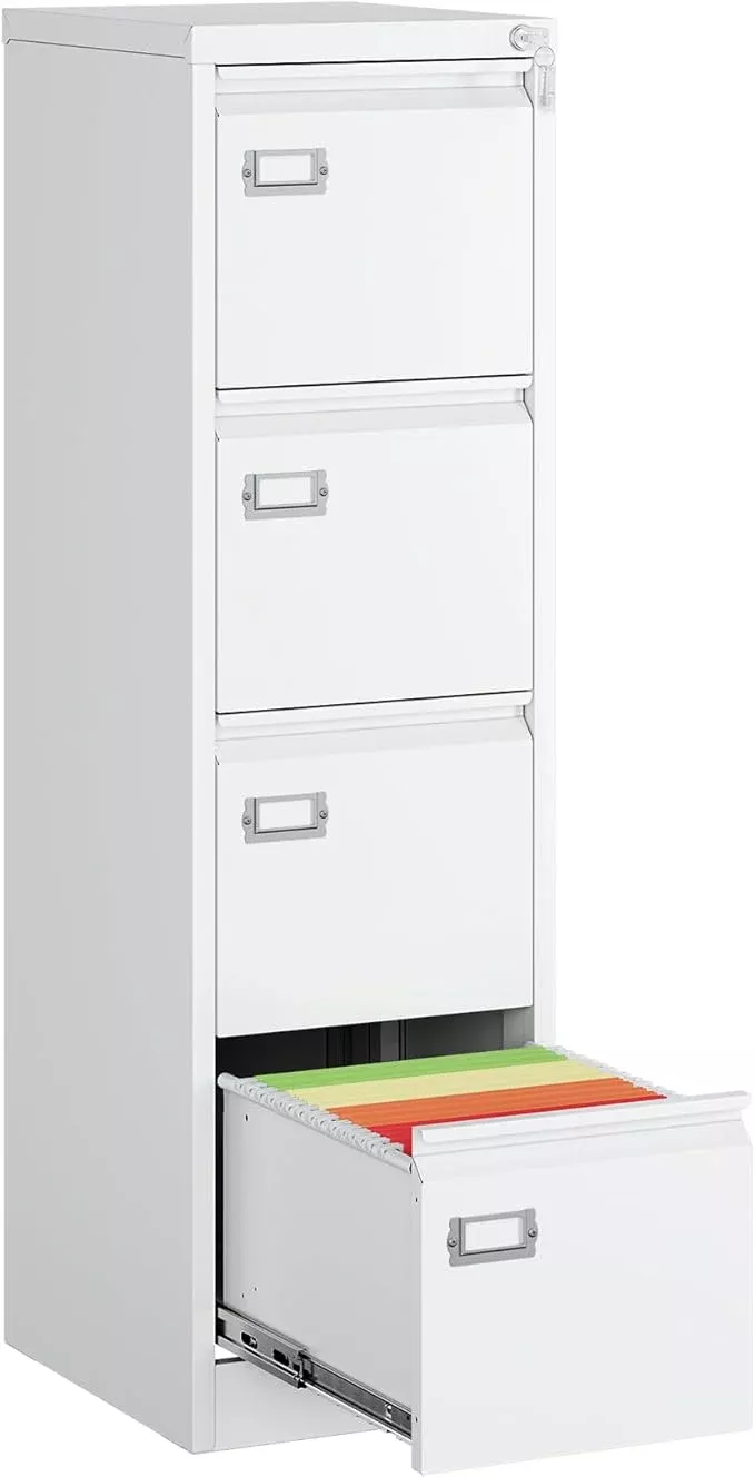 MIIIKO 4 Drawer File Cabinet, White Vertical Filing Cabinets with Lock, Home Office File Folders Storage Cabinet for Letter Legal A4 File Size