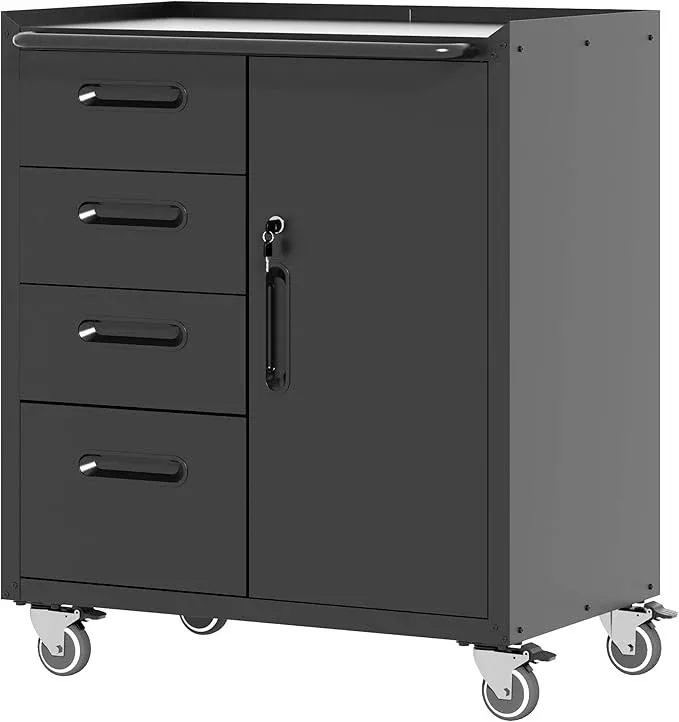 Mobile Tool Storage Cabinet with Wheels,Heavy Duty Rolling Tool Cabinets for Garage,Metal Storage Cabinets with 4 Drawer and 1 Locking Doors,Assembly Required