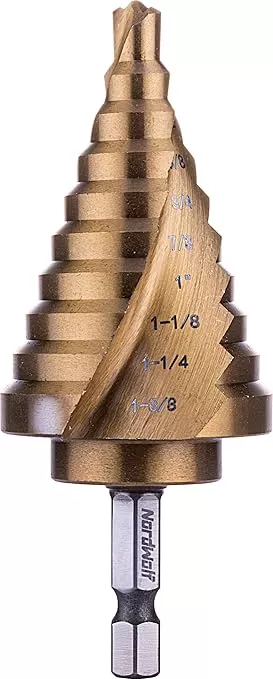 NordWolf HSS Titanium SAE Step Drill Bit, Spiral Groove Double Flute Unibit with 1/4" Hex Shank for Sheet Metal, 10 Imperial Step Sizes 1/4" to 1-3/8"