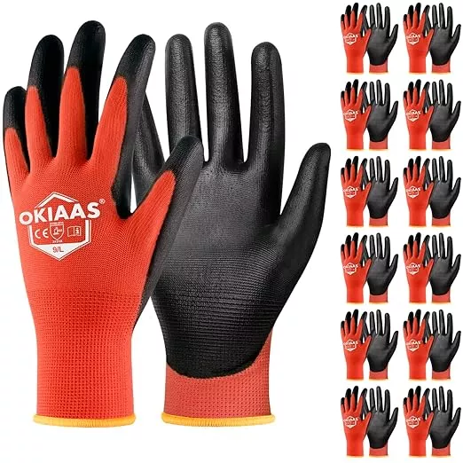 OKIAAS Men's Large Red Ultra-Thin Lightweight Working Gloves with Grip, 12 Pairs Bulk Pack Construction Gloves with Polyurethane Coating, Safety Gloves for Light Duty Work
